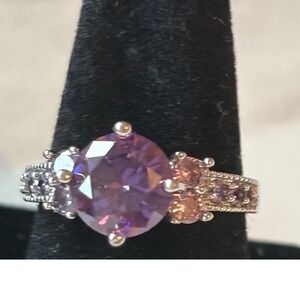 Purple and Pink Round Cut Stone Silver Accent Ring Size 6.25